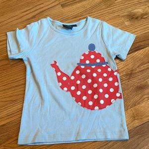 Mini Boden shirt-size 7-8-blue with red tea pot-adorable!